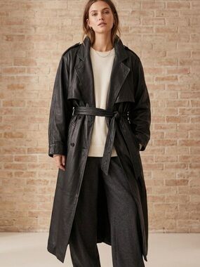 Tannery West Vintage Black Leather Belted Oversized 80’s Trench Coat Size L